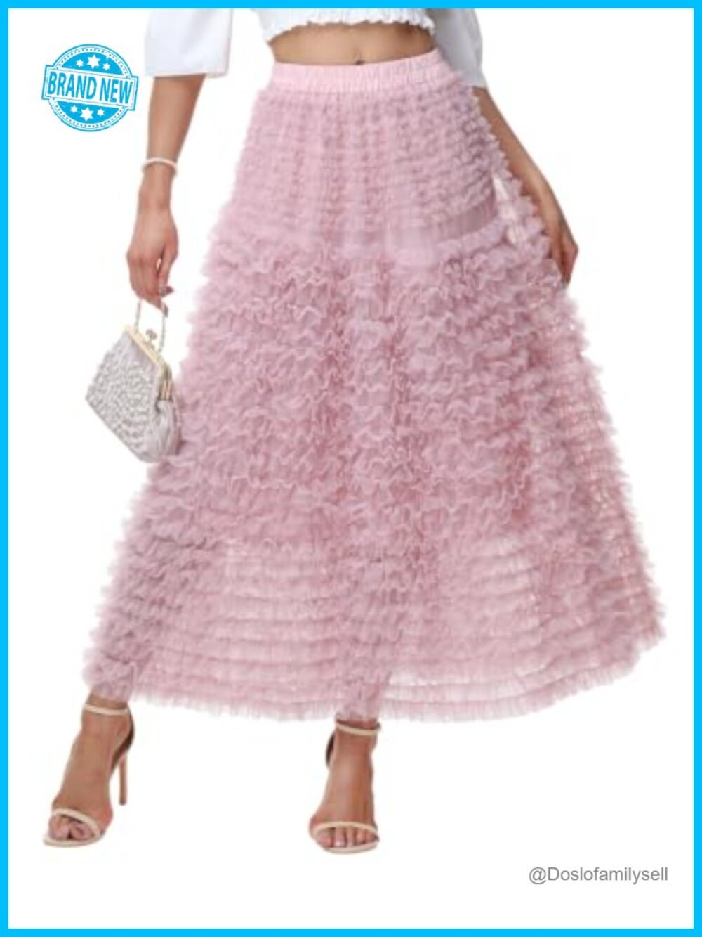 A-Line Tulle Maxi Skirt High Waist Pleated Mesh Flowy Ruffle Tiered Party Skirt